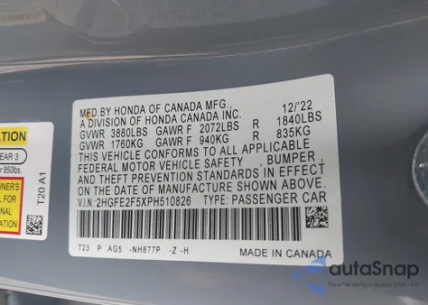 2023 Honda Civic Sport from USA, damaged, VIN 2HGFE2F5XPH510826